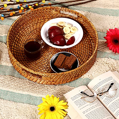 AKWAY Round Wicker Basket | Tray Wooden Serving Tray for Home | Tray for Party Guests | Round Platter with Handles Diwali or Deepawali Gifts (15W x 15 L x 3H inch) (Brown) - Image 1