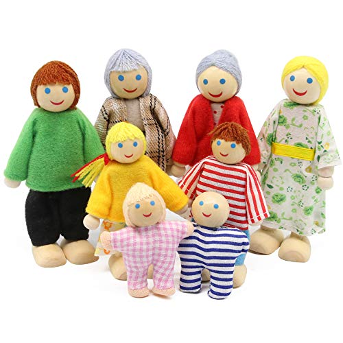 PUCKWAY Lovely Happy Dollhouse Dolls Family Set of 8 Wooden Figures for Children House Pretend Gift - Image 1