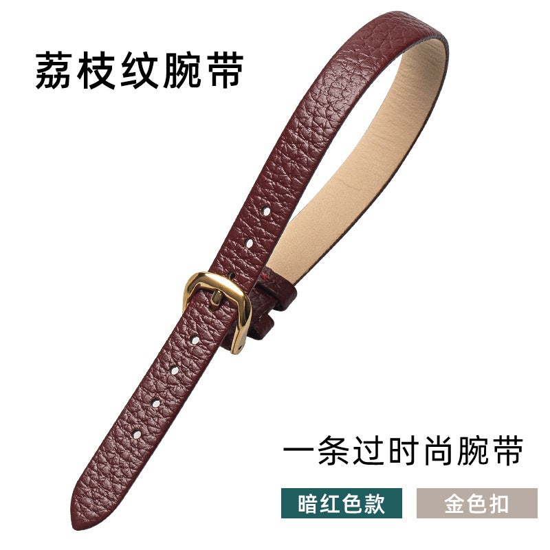 Generic Eight Treasure Compasses Gold Watch with Leather Bracelet Bracelet Litchi Pattern Cowhide One Gold Wrist Band 10mm Pepper grain cowhide dark red-gold pin buckle 