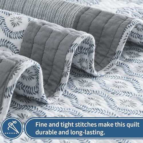 KALOOLA Patchwork Quilt Bedding Set Queen Size, 100% Cotton Lightweight Quilted Bedspread with 2 Pillowcases, Farmhouse Reversible Floral Pattern Coverlet for All Season, 3 Pieces, Blue/Grey - Image 5
