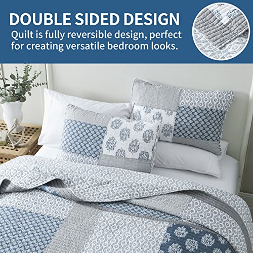 KALOOLA Patchwork Quilt Bedding Set Queen Size, 100% Cotton Lightweight Quilted Bedspread with 2 Pillowcases, Farmhouse Reversible Floral Pattern Coverlet for All Season, 3 Pieces, Blue/Grey - Image 4