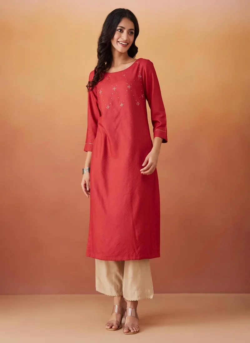 Fabindia Red Viscose Silk Slim Fit Long Kurta