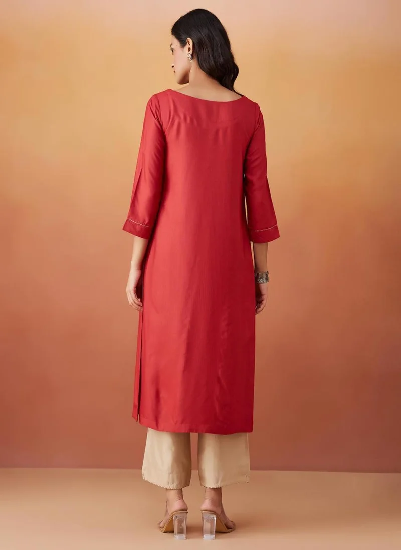 Fabindia Red Viscose Silk Slim Fit Long Kurta