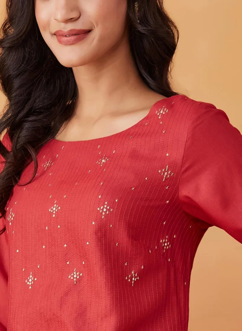 Fabindia Red Viscose Silk Slim Fit Long Kurta