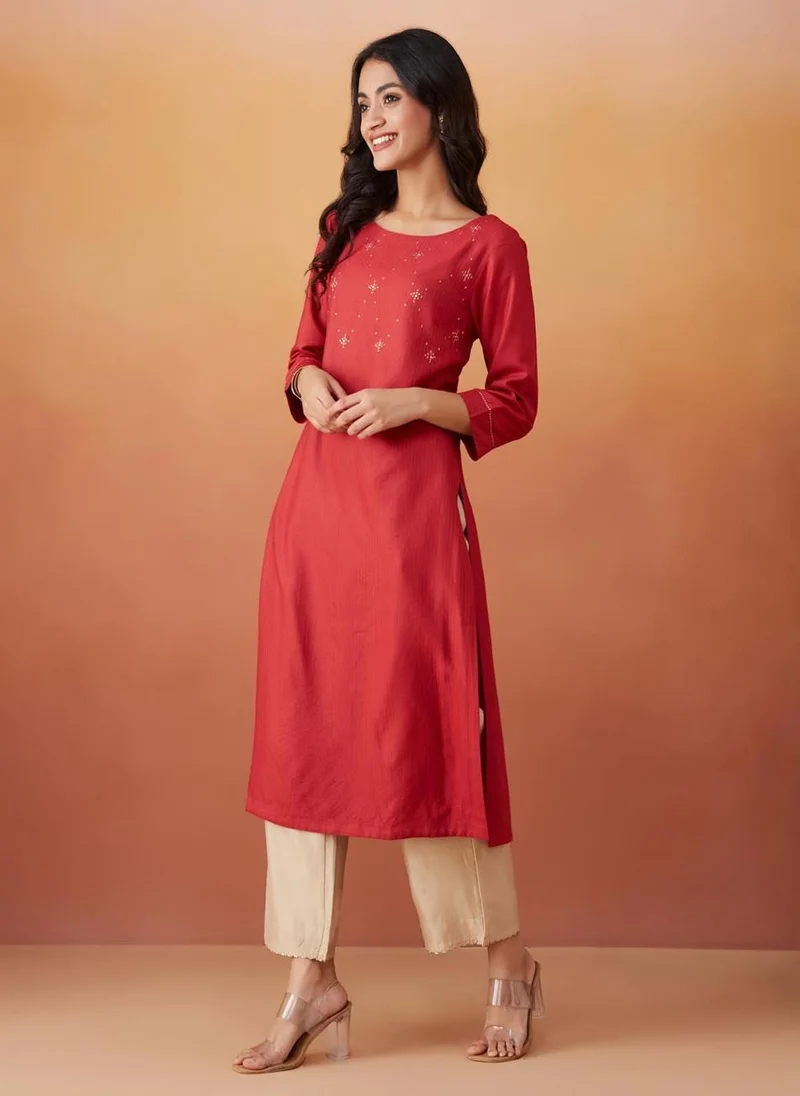 Fabindia Red Viscose Silk Slim Fit Long Kurta