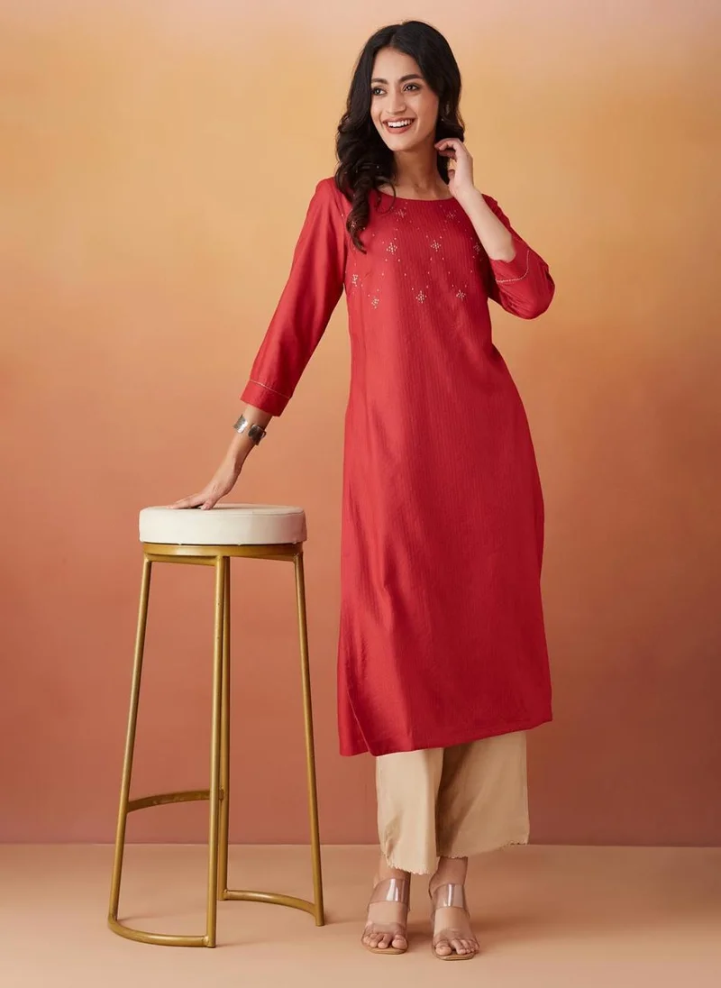 Fabindia Red Viscose Silk Slim Fit Long Kurta