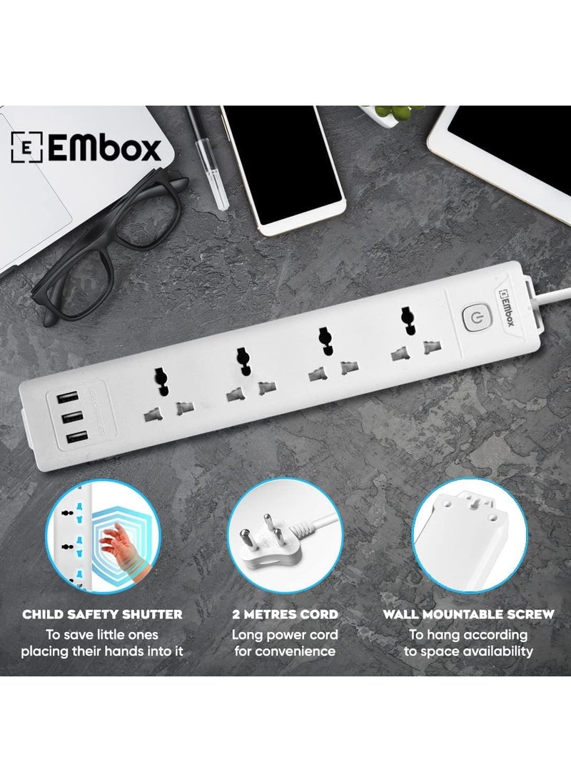 EMBOX EMBOX 10A Extension Board with 5 Meter Cable with USB Master SwitchSpike Guard with 4 Universal Sockets 3 USB PortsExtension Cord with Safety Shutter2500W 4 Sockets 3 USB 5 Mtr Cord Length  - Image 4
