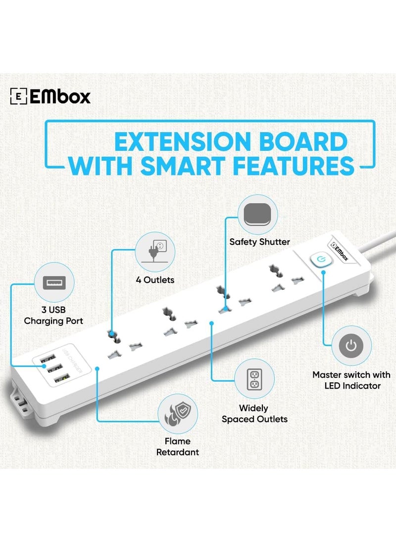 EMBOX EMBOX 10A Extension Board with 5 Meter Cable with USB Master SwitchSpike Guard with 4 Universal Sockets 3 USB PortsExtension Cord with Safety Shutter2500W 4 Sockets 3 USB 5 Mtr Cord Length  - Image 3