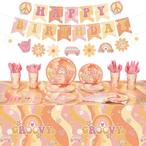 Geyee 173 Pcs Groovy Party Supplies Serves 24 Include Boho Hippie Tablecloth Groovy Birthday Banner Hippie Daisy Paper Plates Napkins Tableware Set for Retro Boho Rainbow Birthday Party Decorations - Image 1