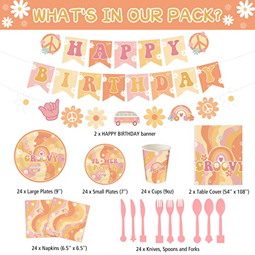 Geyee 173 Pcs Groovy Party Supplies Serves 24 Include Boho Hippie Tablecloth Groovy Birthday Banner Hippie Daisy Paper Plates Napkins Tableware Set for Retro Boho Rainbow Birthday Party Decorations - Image 5