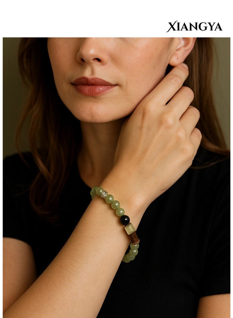 XIANGYA Beaded Bracelet For Ladies – Green Jadeite Glass Bracelet with Wood & Obsidian Accents | Spring Dialogue - Image 2