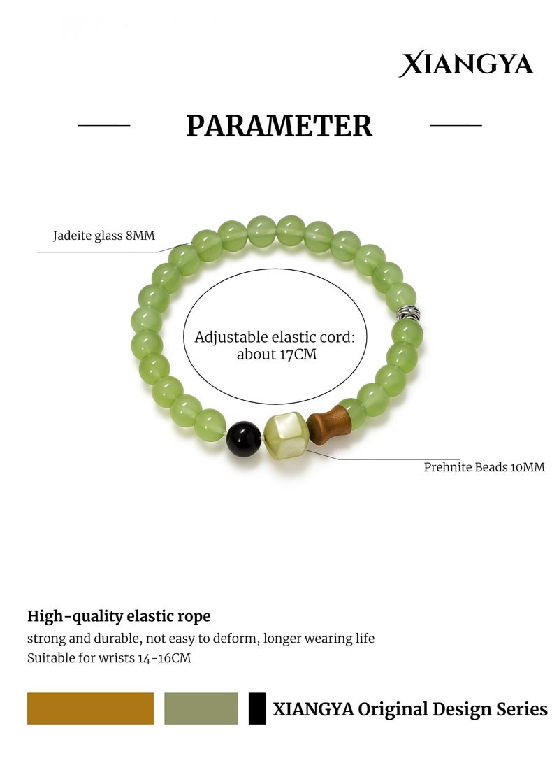 XIANGYA Beaded Bracelet For Ladies – Green Jadeite Glass Bracelet with Wood & Obsidian Accents | Spring Dialogue - Image 4