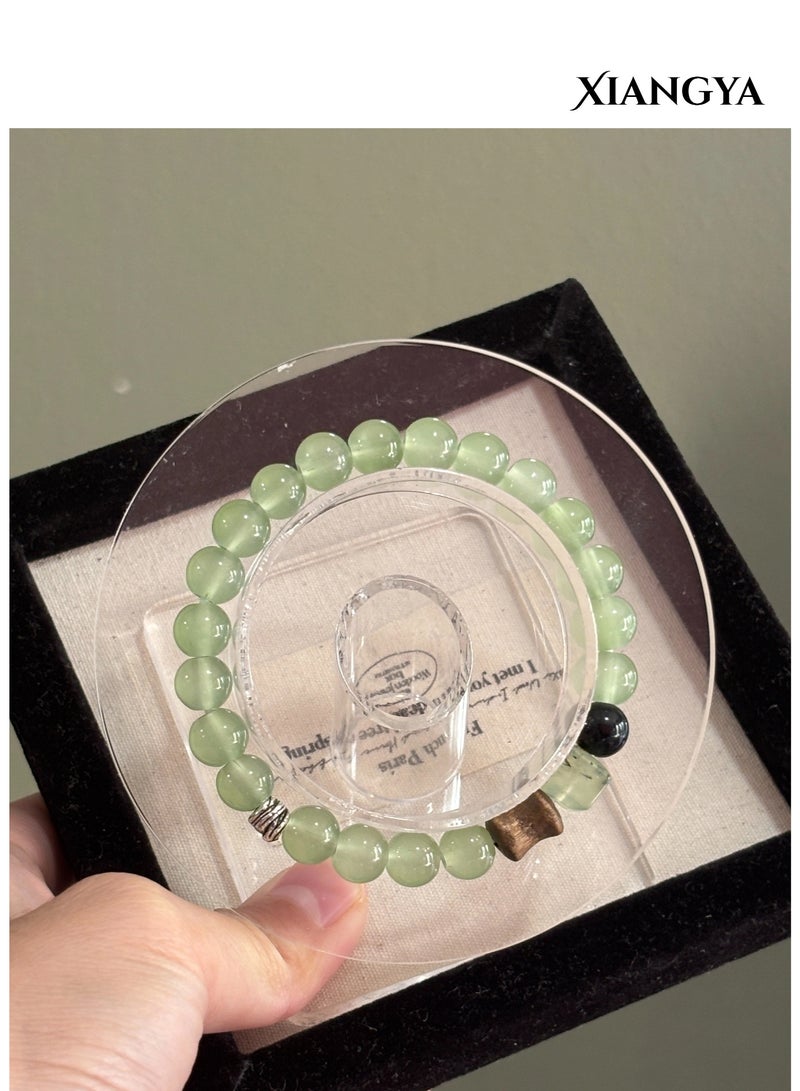 XIANGYA Beaded Bracelet For Ladies – Green Jadeite Glass Bracelet with Wood & Obsidian Accents | Spring Dialogue - Image 3