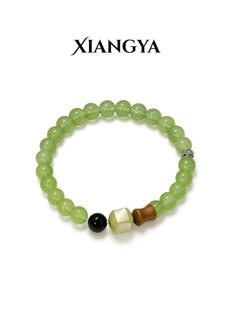 XIANGYA Beaded Bracelet For Ladies – Green Jadeite Glass Bracelet with Wood & Obsidian Accents | Spring Dialogue - Image 1