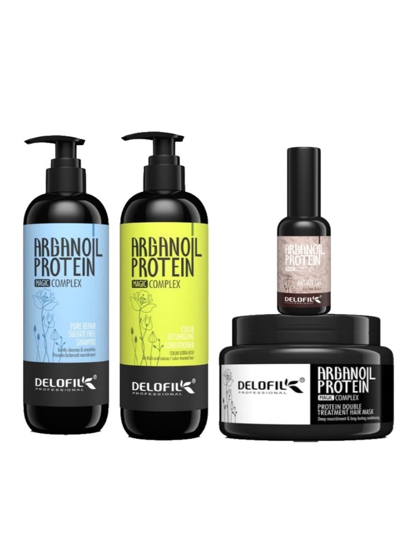DELOFIL Argan Oil Protein Hair Care Set – Shampoo + Conditioner + 500ml Hair Mask + Repair Serum – Sulfate Free Deep Nourishing Treatment - Image 1