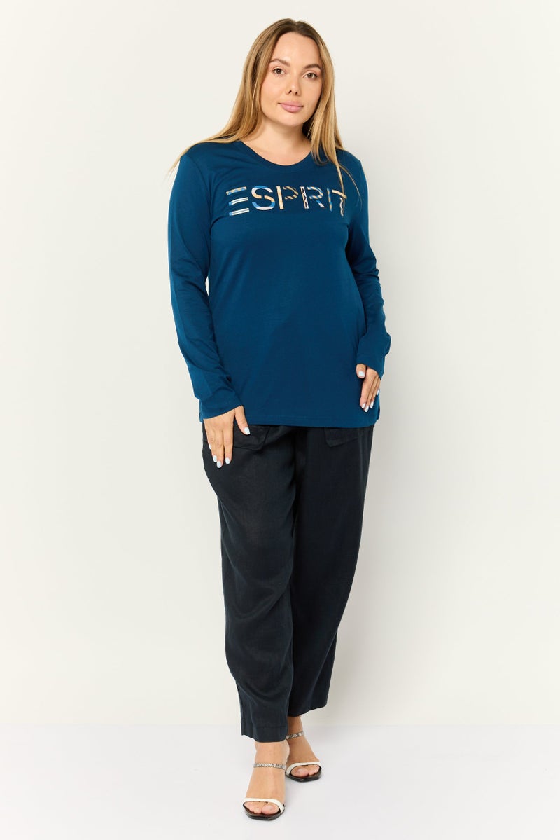 ESPRIT تي شيرتات نسائية بأكمام طويلة وطباعة جرافيك، لون كحلي - Image 2