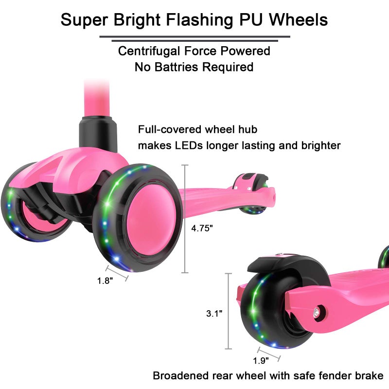 Allek Kick Scooter B03, Lean 'N Glide 3-Wheeled Push Scooter with Extra Wide PU Light-Up Wheels, Any Height Adjustable Handlebar and Strong Thick Deck for Children from 3-12yrs (Rose Pink) - Image 5