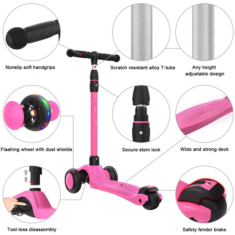 Allek Kick Scooter B03, Lean 'N Glide 3-Wheeled Push Scooter with Extra Wide PU Light-Up Wheels, Any Height Adjustable Handlebar and Strong Thick Deck for Children from 3-12yrs (Rose Pink) - Image 2