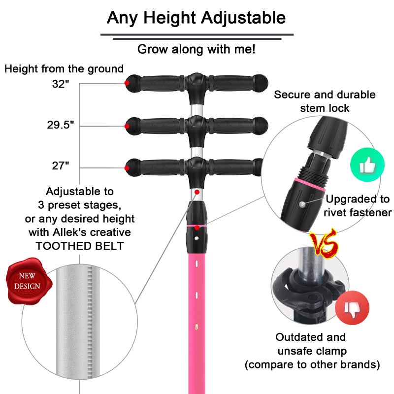 Allek Kick Scooter B03, Lean 'N Glide 3-Wheeled Push Scooter with Extra Wide PU Light-Up Wheels, Any Height Adjustable Handlebar and Strong Thick Deck for Children from 3-12yrs (Rose Pink) - Image 3
