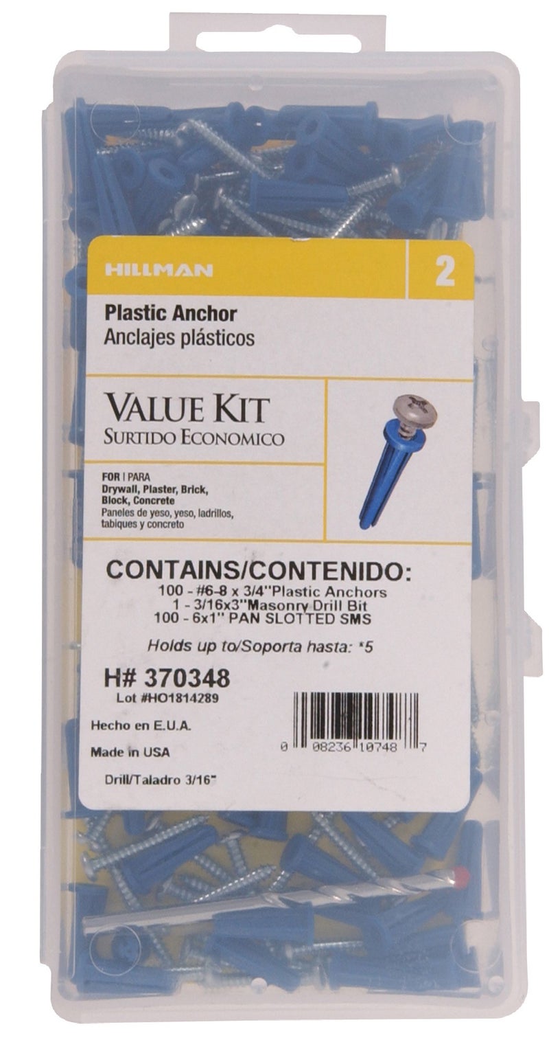 Hillman The Hillman Group 370348 Plastic Anchor Kit Number 68 Includes Philips head Screws and Drill Bit 1Pack