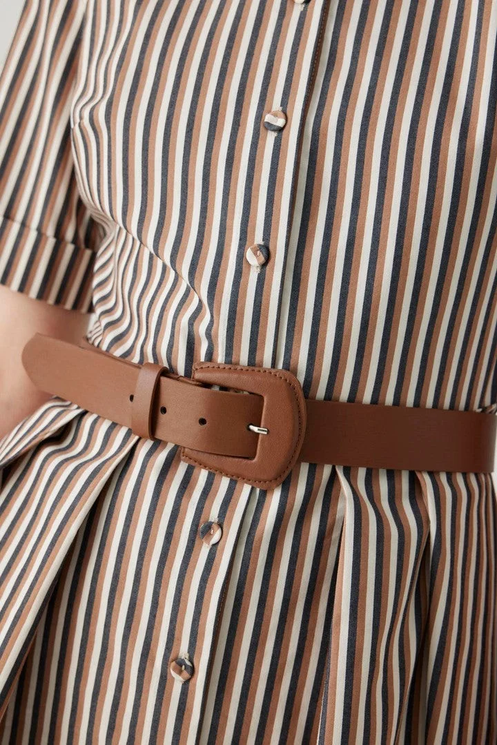 EXQUISE Shirt Collar Belted Waist-Fitting Striped Midi Dress