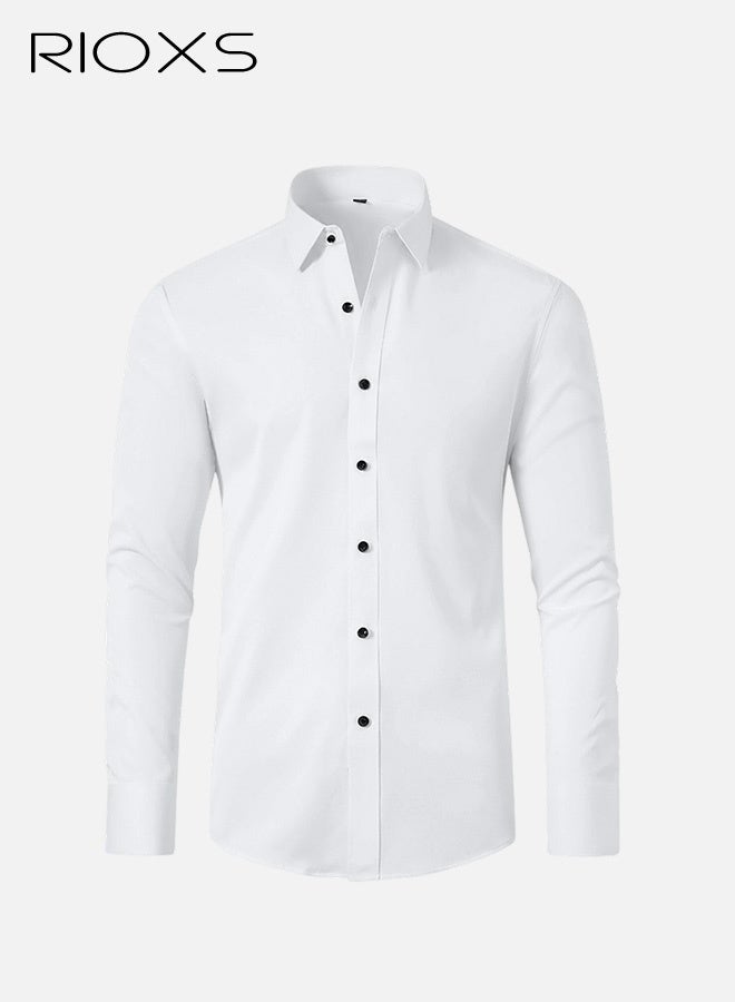 RIOXS Men's Dress Shirts, Regular-Fit Button Down Collar Shirts, Long Sleeve Formal Shirts for Men, Wrinkle-Free Work Blouses Tops, Dressy Shirts for Business, Office, Meeting, Interview, Party, Wedding Dating Shirt, Classic White Blouses - Image 2