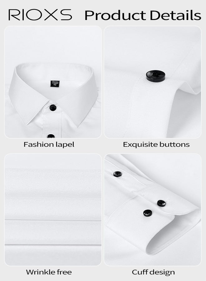 RIOXS Men's Dress Shirts, Regular-Fit Button Down Collar Shirts, Long Sleeve Formal Shirts for Men, Wrinkle-Free Work Blouses Tops, Dressy Shirts for Business, Office, Meeting, Interview, Party, Wedding Dating Shirt, Classic White Blouses - Image 5