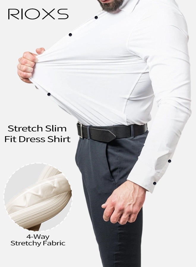 RIOXS Men's Dress Shirts, Regular-Fit Button Down Collar Shirts, Long Sleeve Formal Shirts for Men, Wrinkle-Free Work Blouses Tops, Dressy Shirts for Business, Office, Meeting, Interview, Party, Wedding Dating Shirt, Classic White Blouses - Image 3