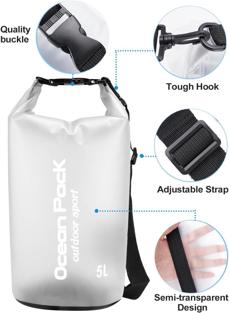 5L white waterproof storage bag with mobile phone waterproof bag adjustable long shoulder strap, suitable for kayaking, camping, hiking, swimming and boating - Image 5