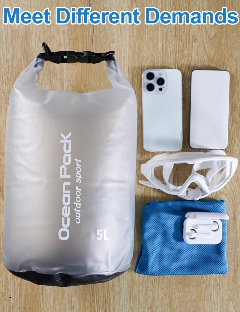 5L white waterproof storage bag with mobile phone waterproof bag adjustable long shoulder strap, suitable for kayaking, camping, hiking, swimming and boating - Image 3