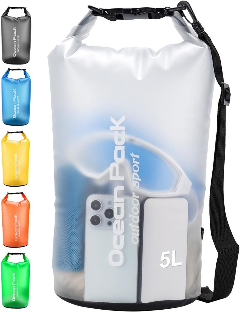 5L white waterproof storage bag with mobile phone waterproof bag adjustable long shoulder strap, suitable for kayaking, camping, hiking, swimming and boating - Image 1