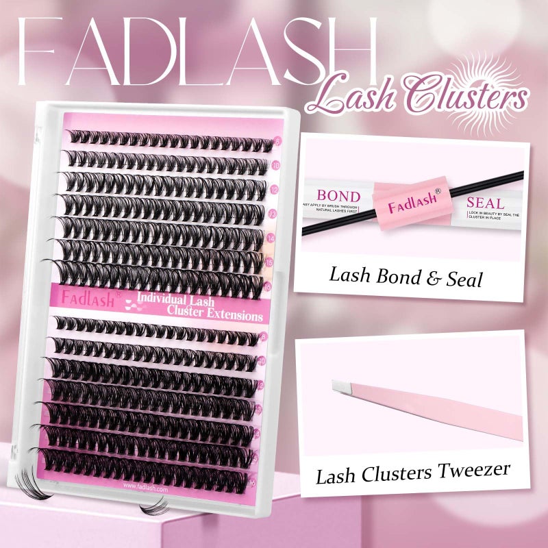 FADLASH DIY Eyelash Extension Kit, 240Pcs Lash Clusters with Lash Bond and Seal, Clusters Eyelash Applicator Tool, D Curl DIY Lash Kit (30D+40D Kit) - Image 2
