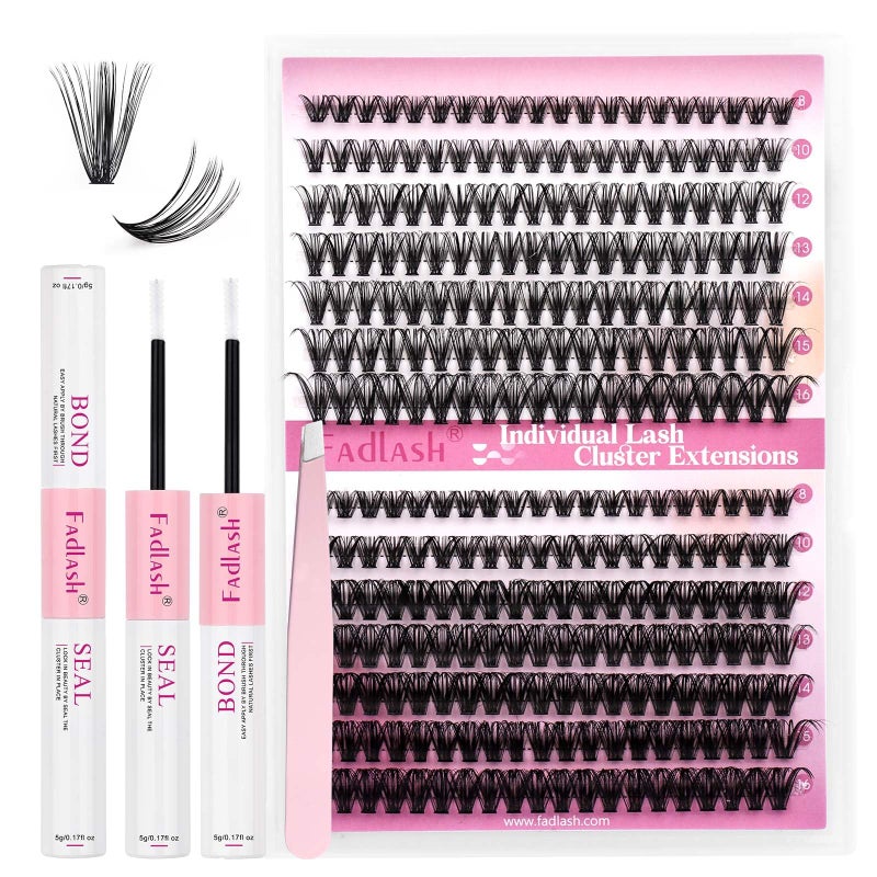 FADLASH DIY Eyelash Extension Kit, 240Pcs Lash Clusters with Lash Bond and Seal, Clusters Eyelash Applicator Tool, D Curl DIY Lash Kit (30D+40D Kit) - Image 1