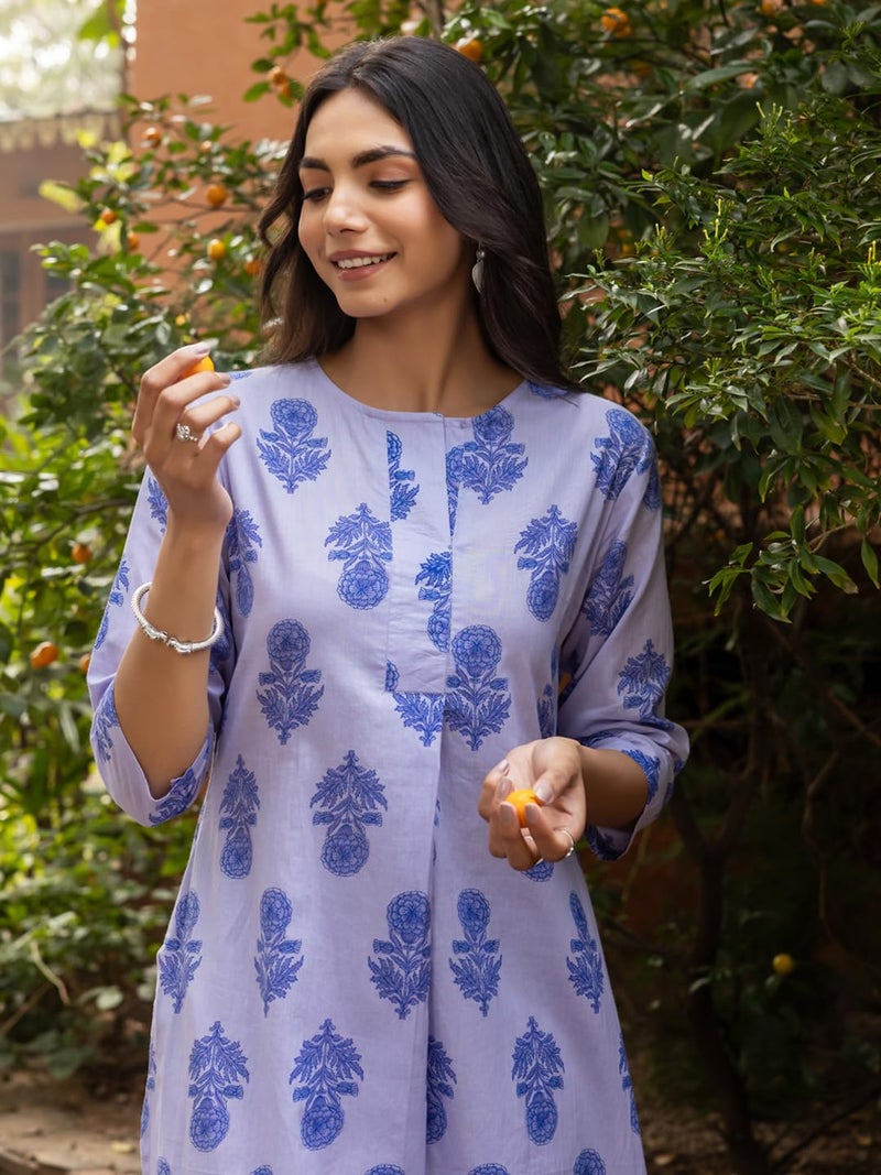 FIORRA Women's Blue Cotton Flared Kurta Set SET0198 - Image 5