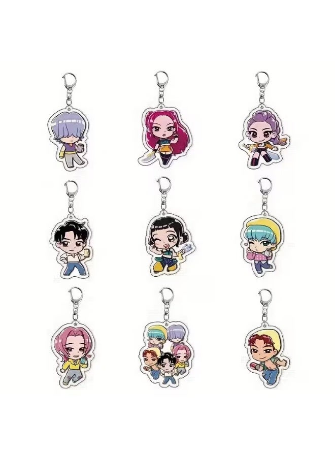 كيبوب مجموعة 9 قطع من سلاسل مفاتيح أكريليك لشخصيات أنمي "هانتريكس ويتش سكواد" الكورية - حلقات مفاتيح ثنائية الأبعاد مسطحة تضم رومي وميرا وزوي - تعليقة حقيبة ظهر لطيفة، قطعة تذكارية لمحبي الأنمي، إكسسوار تنكري وهدية لمحبي الأنمي - Image 1