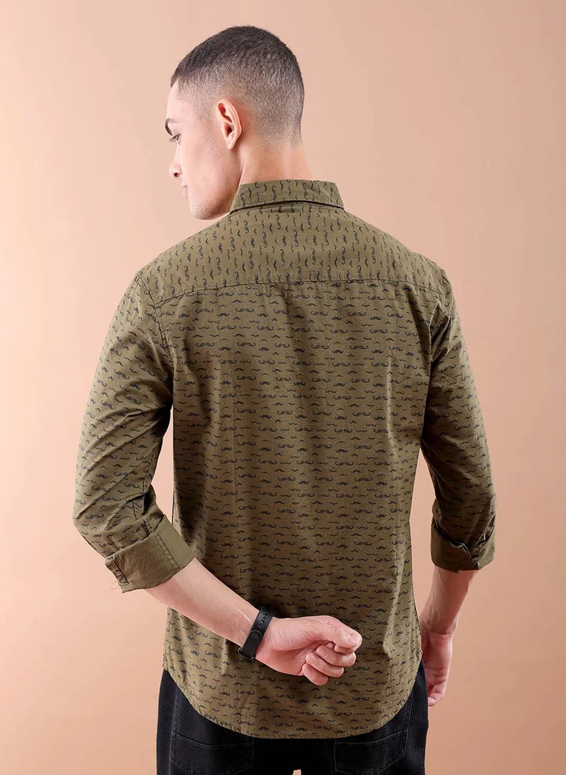 ذا انديان كراج كو Men Slim Fit Graphic Print Full Sleeves Spread Collar Casual Shirt
