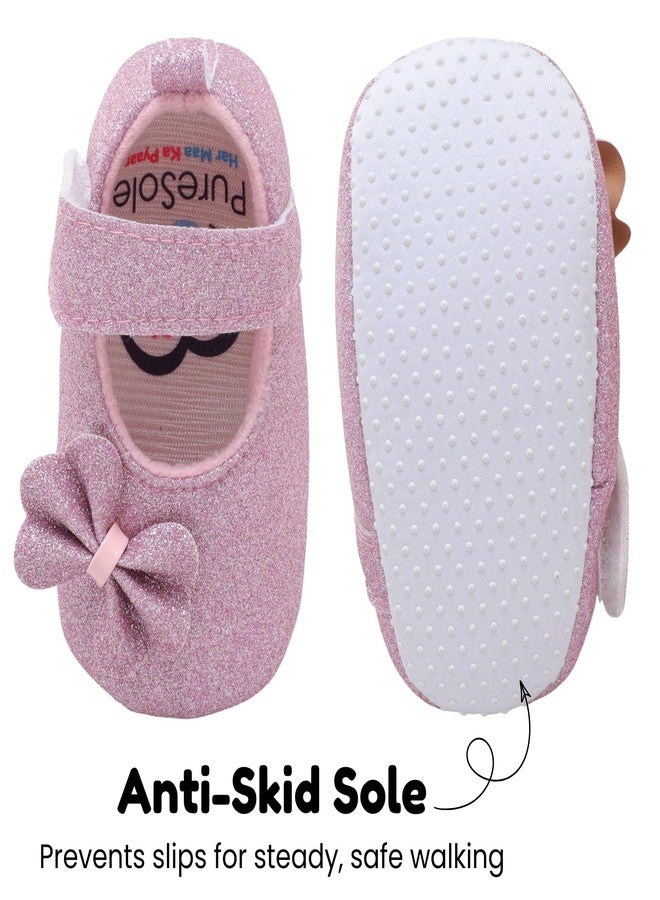 PureSole Party Booties for Baby Girls 9-12 Months | Sparkling Glitter Finish Baby Shoes with Memory Foam Insole | 100% Cotton Lining, Velcro Closure & Anti-Skid Sole | Perfect for Birthdays, Celebrations, Photoshoots, Parties & More (Pink) - Image 3