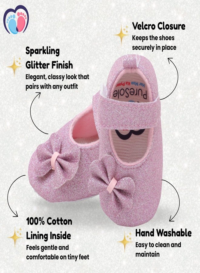 PureSole Party Booties for Baby Girls 9-12 Months | Sparkling Glitter Finish Baby Shoes with Memory Foam Insole | 100% Cotton Lining, Velcro Closure & Anti-Skid Sole | Perfect for Birthdays, Celebrations, Photoshoots, Parties & More (Pink) - Image 4