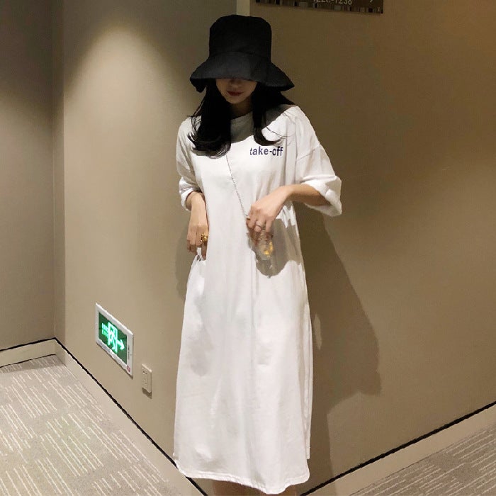 Summer ins Korean-style Sports-style Loose Casual Dress Belly-covering Large Size Womens Short-sleeved Long Over-the-knee T-shirt Dress Red - Image 3
