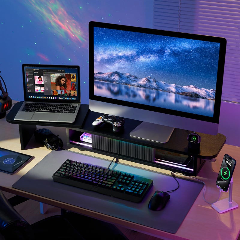 Artswish Adjustable Monitor Riser Stand with Power Outlet & Light Strip, Expand to 45 Inch, Computer Desk Shelf with Sliding Door, Desk Organization for Office, Gaming Room, with Storage, Black - Image 4