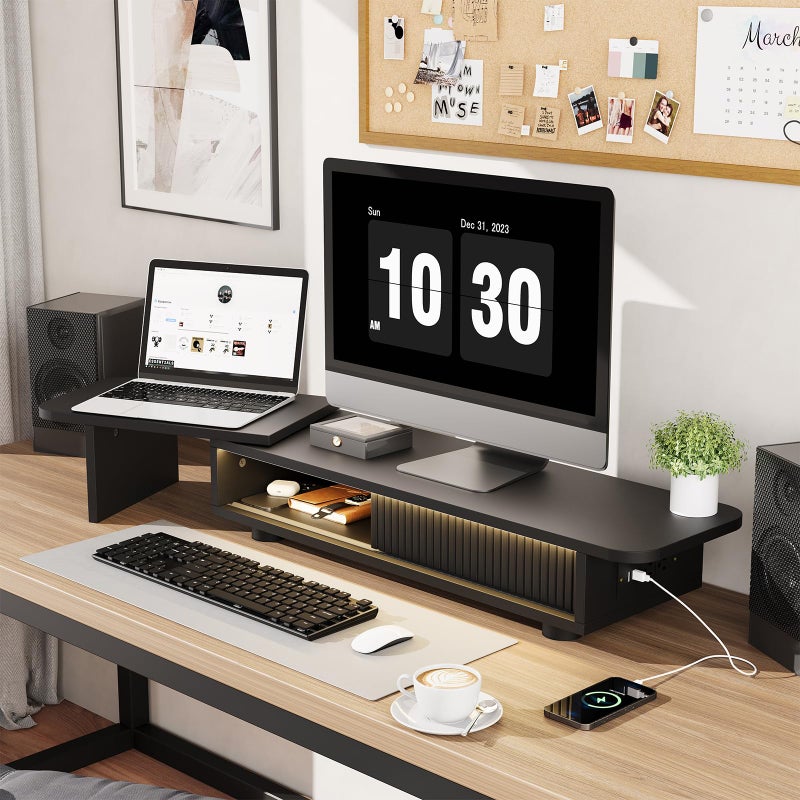 Artswish Adjustable Monitor Riser Stand with Power Outlet & Light Strip, Expand to 45 Inch, Computer Desk Shelf with Sliding Door, Desk Organization for Office, Gaming Room, with Storage, Black - Image 1