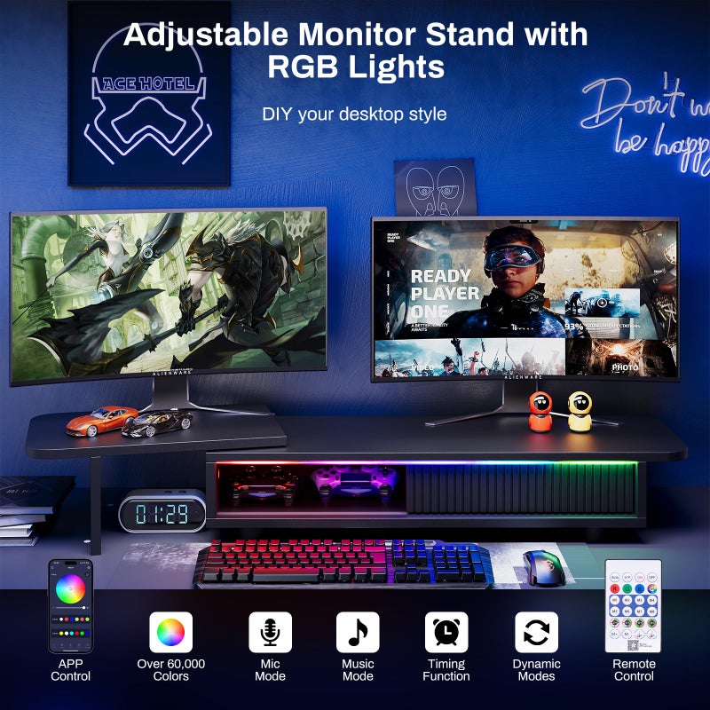 Artswish Adjustable Monitor Riser Stand with Power Outlet & Light Strip, Expand to 45 Inch, Computer Desk Shelf with Sliding Door, Desk Organization for Office, Gaming Room, with Storage, Black - Image 3