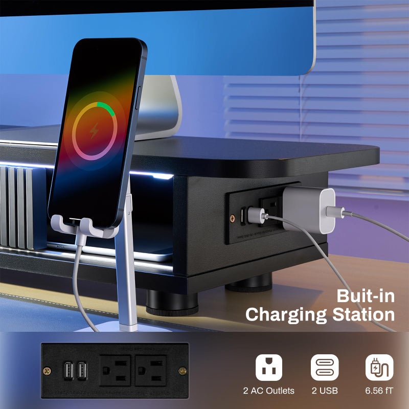 Artswish Adjustable Monitor Riser Stand with Power Outlet & Light Strip, Expand to 45 Inch, Computer Desk Shelf with Sliding Door, Desk Organization for Office, Gaming Room, with Storage, Black - Image 2