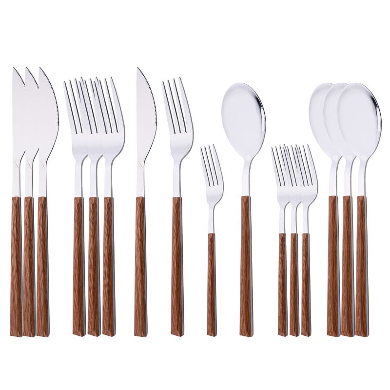 Uniturcky Silverware Set for 4 16Piece Stainless Steel Flatware Cutlery Set Tableware Eating Utensil Set with Wooden Effect Handle Include Knife Fork Spoon Mirror Polished Dishwasher Safe