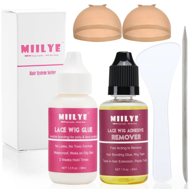 MIILYE Wig Adhesive and Glue Remover Set, Invisible Waterproof MIILYE Hair Replacement Bonding Glue + Solvent, Strong Hold for Lace Front Wig and Poly Hairpieces, Toupee, Cosmetic Hair Systems - Image 1