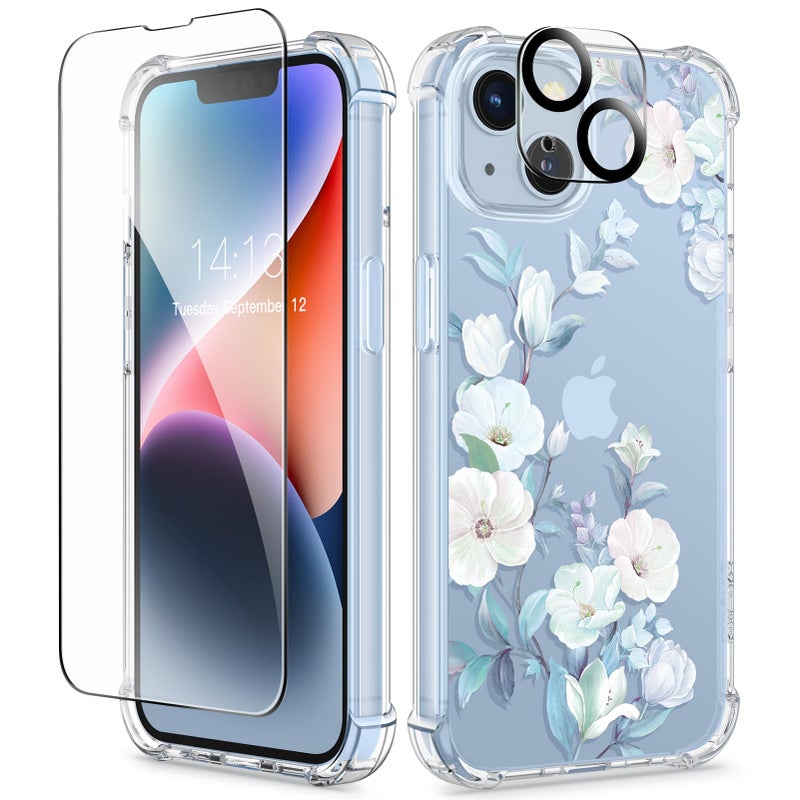 GVIEWIN for iPhone 14 Case Floral, with Screen Protector&Camera Lens Protector, [Non Yellowing] Soft Shockproof Clear Phone Protective Cover for Women, Flower Pattern Design 6.1" (Hibiscus) - Image 1