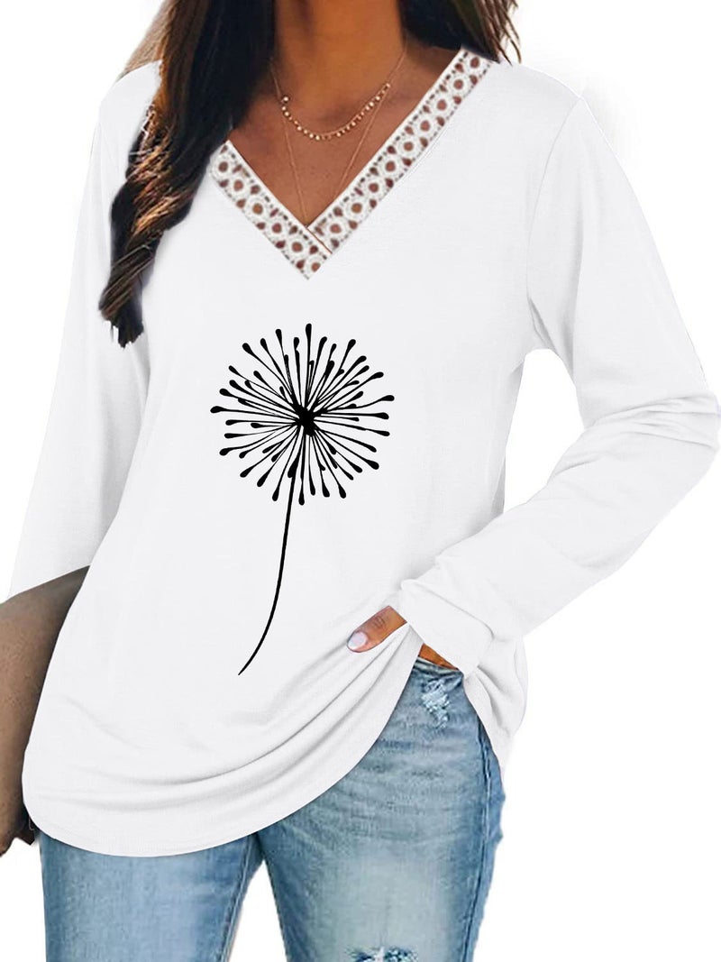 Wsih Casual Women'S Clothing Dandelion Print Stitching Lace V-Neck Long Sleeve T-Shirt - Image 3