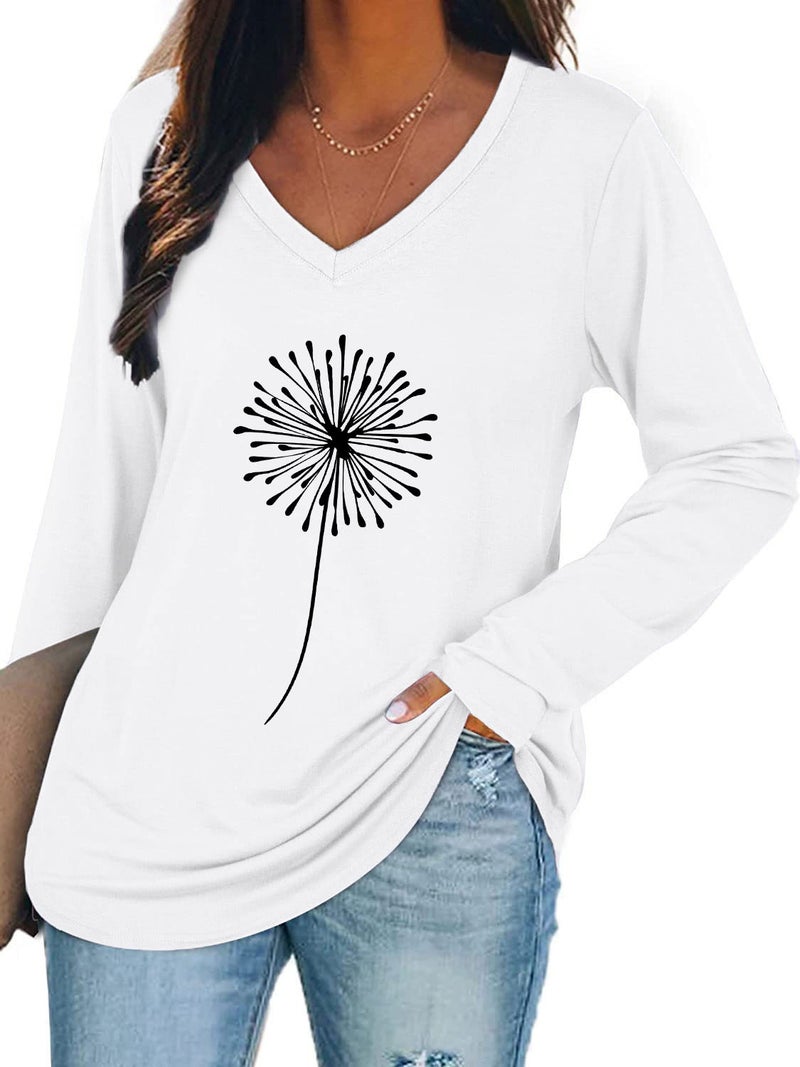 Wsih Casual Women'S Clothing Dandelion Print Stitching Lace V-Neck Long Sleeve T-Shirt - Image 5
