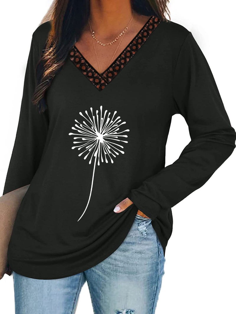 Wsih Casual Women'S Clothing Dandelion Print Stitching Lace V-Neck Long Sleeve T-Shirt - Image 4