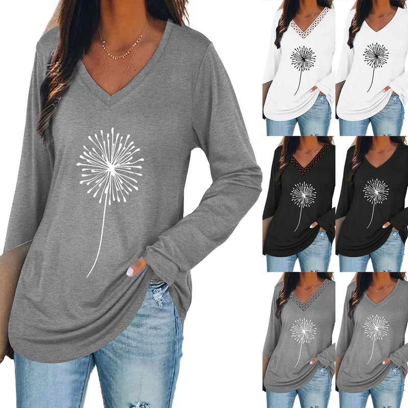 Wsih Casual Women'S Clothing Dandelion Print Stitching Lace V-Neck Long Sleeve T-Shirt - Image 2